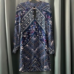 Red, White, Blue, and Teal Mock Neck dress with keyholes. Size M